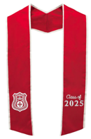 red stole with white trim, a white Kappa Alpha Orderr logo on one side and the class year in white on the other side