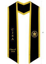 black stole with gold trim, a gold Criminal Justice Student Association logo on one side and gold CJSA letters and Class of Year on the other side