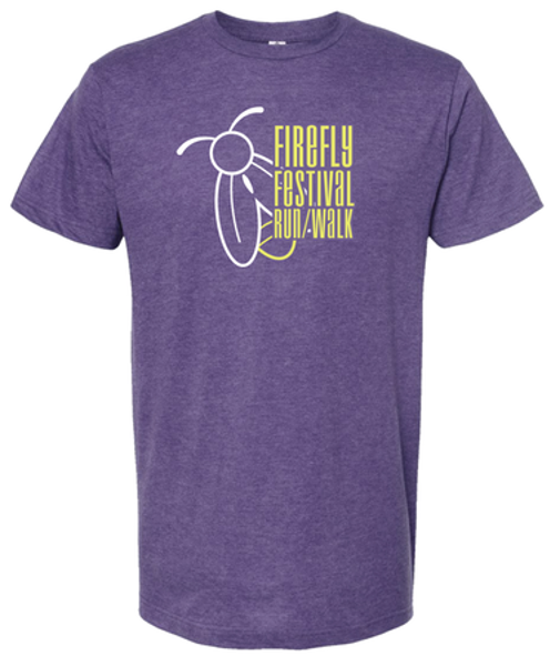 Purple t-shirt with Firefly Festival Run/Walk logo printed on the chest.