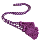 two purple and white intertwined cords knotted together with knots and tassels on each end
