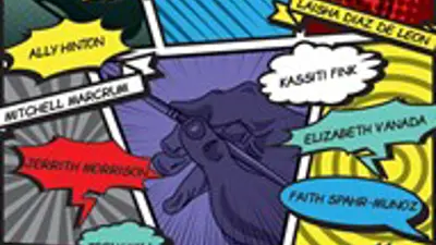 Exhibition poster designed like a comic with information and participant names in various text bubbles