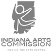 Indiana Arts Commission logo. Stylized state map with dancing icon