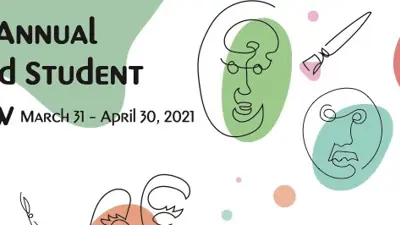 Exhibition title with line drawings of faces and colorful splotches