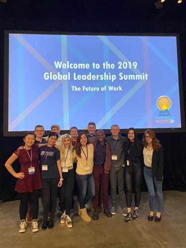 Students at the 2019 Global Leadership Summit; Valeria on far right and Miles fourth from right.