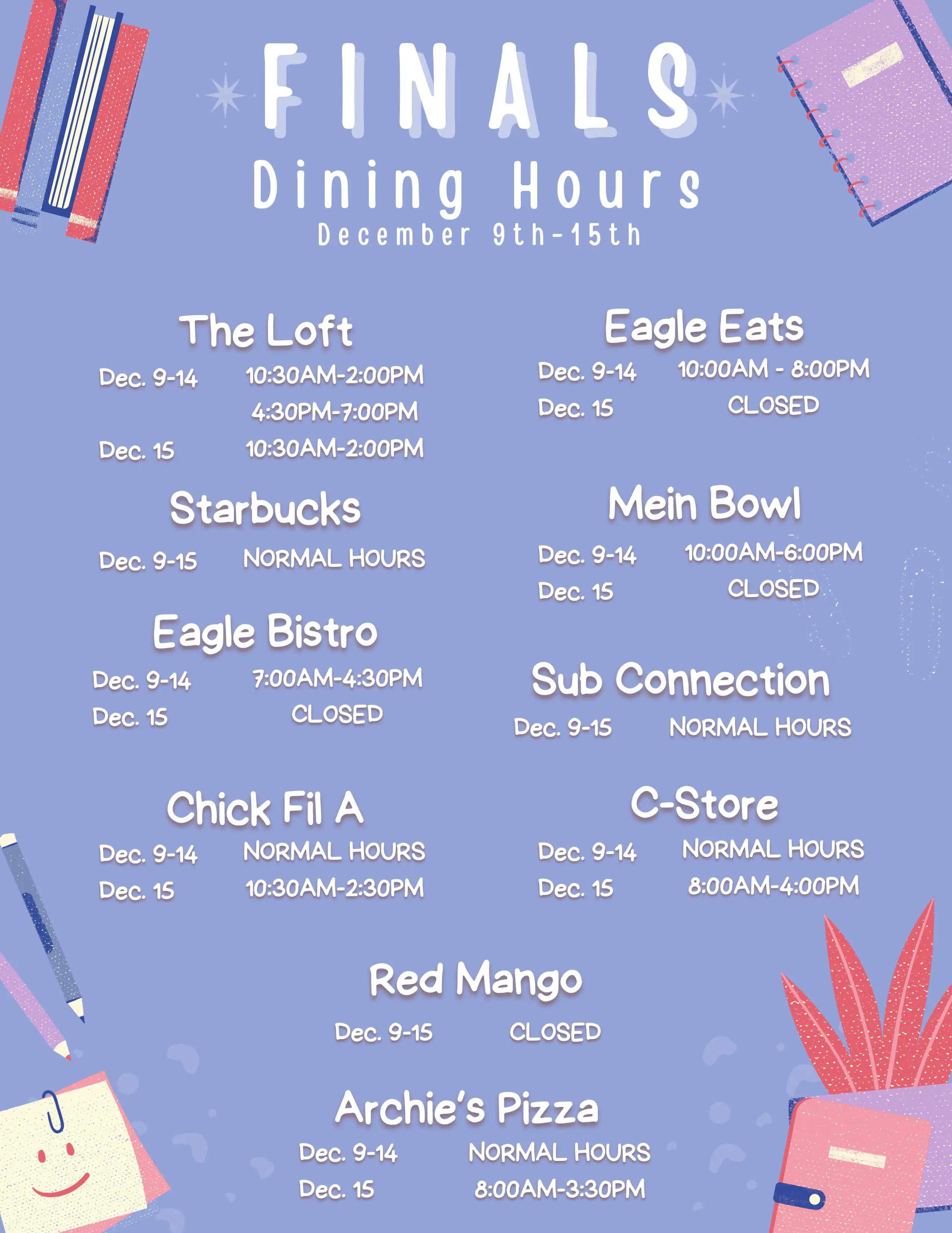 Finals Dining hours University of Southern Indiana