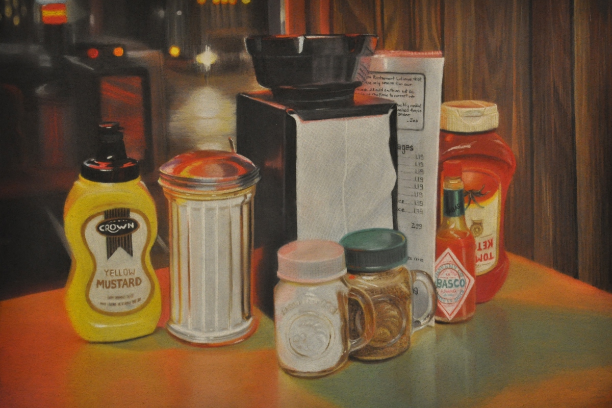 Recession Still Life (detail), Katie Waters, pastel, 2014.