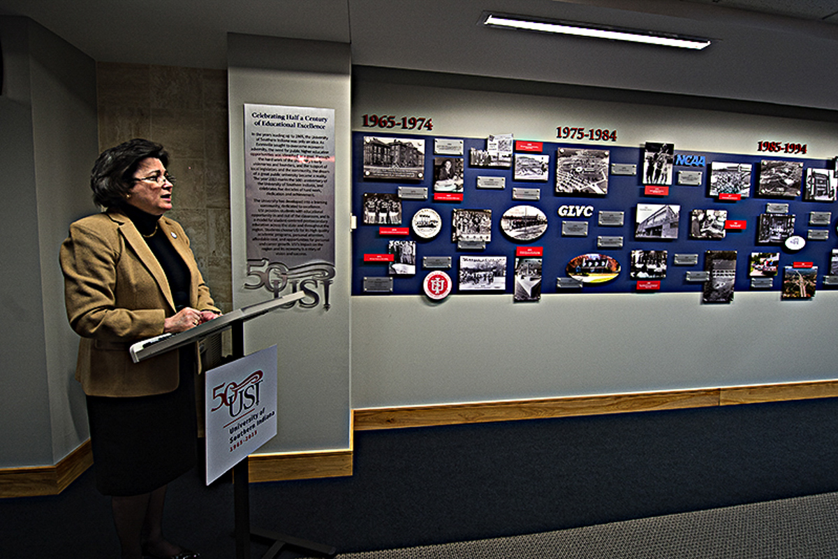 President Linda L.M. Bennett introduces USI's 50th anniversary physical timeline.