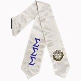 white stole with purple Greek Sigma Sigma Sigma letters on one side and the Sigma Sigma Sigma emblem on the other side