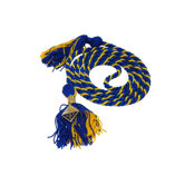 royal blue and yellow intertwined cords with knots and tassels on each end