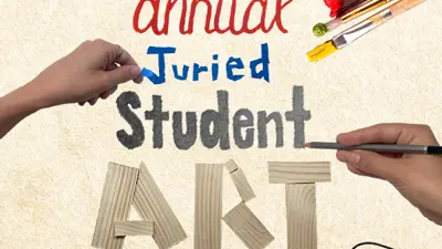 Exhibition title with hands around it. The words of the title are being created in various artistic media