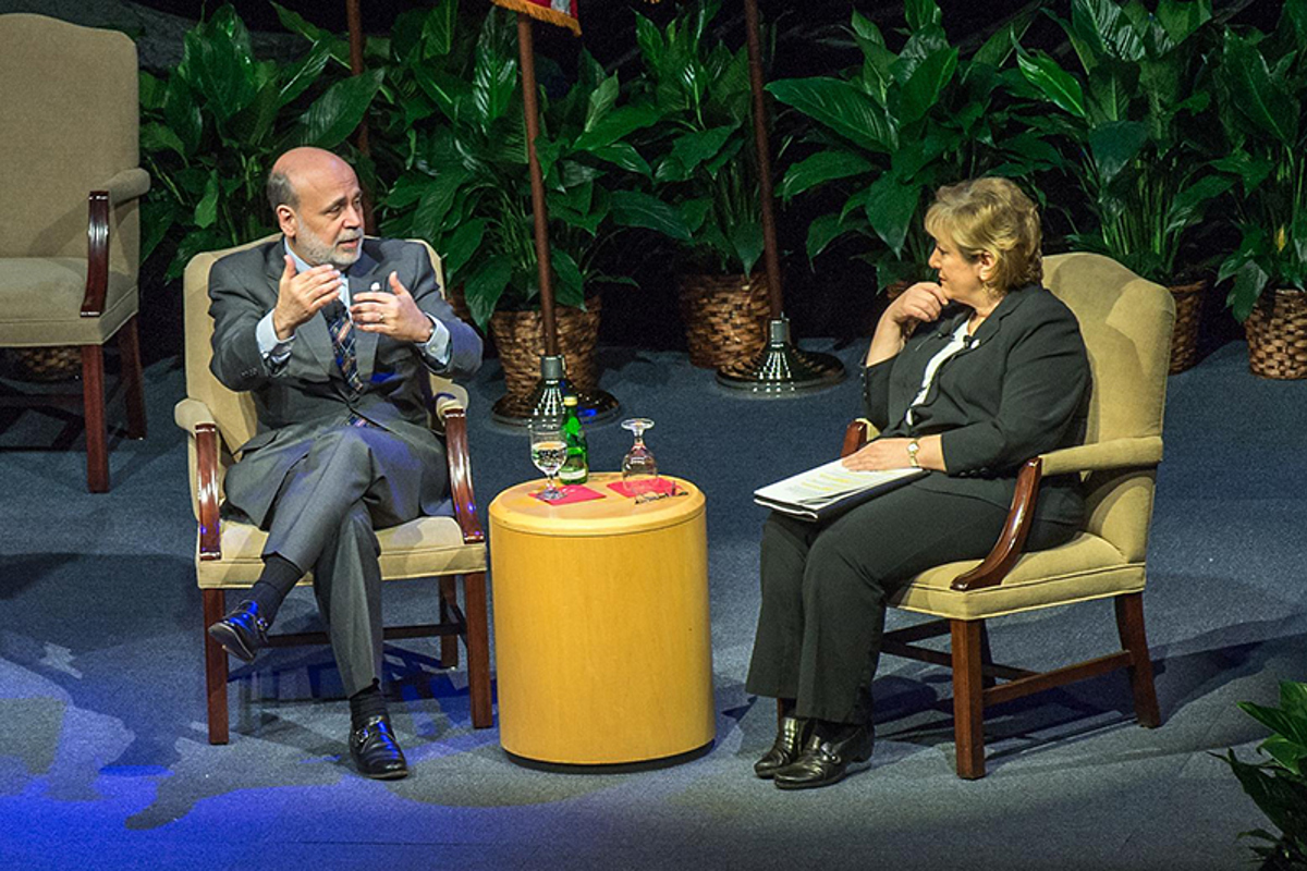 Former Fed chair Ben Bernanke answers questions posed by USI students during a moderated Q&amp;A with Dr. Karen Bonnell, professor of communications. The USI event drew more than 2,500 people.