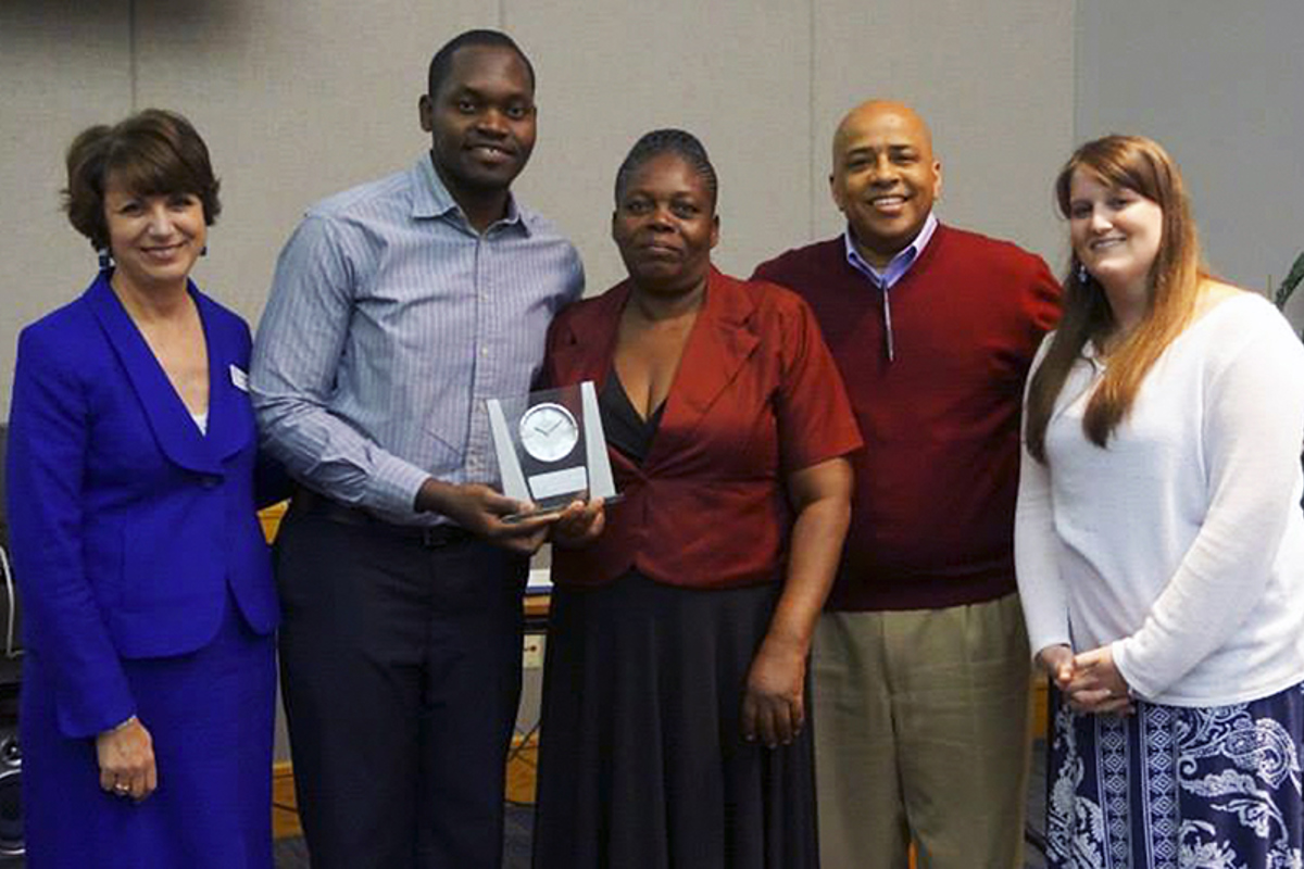 Left to right: Heidi Gregori-Gahan, assistant provost International Programs and Services, Meschac Gervais, Vesthe Johanne Gervais (his mother, who flew in from Haiti), Ron Rochon, provost, Academic Affairs and Nicole Vernon, program coordinator, International Programs and Services.  