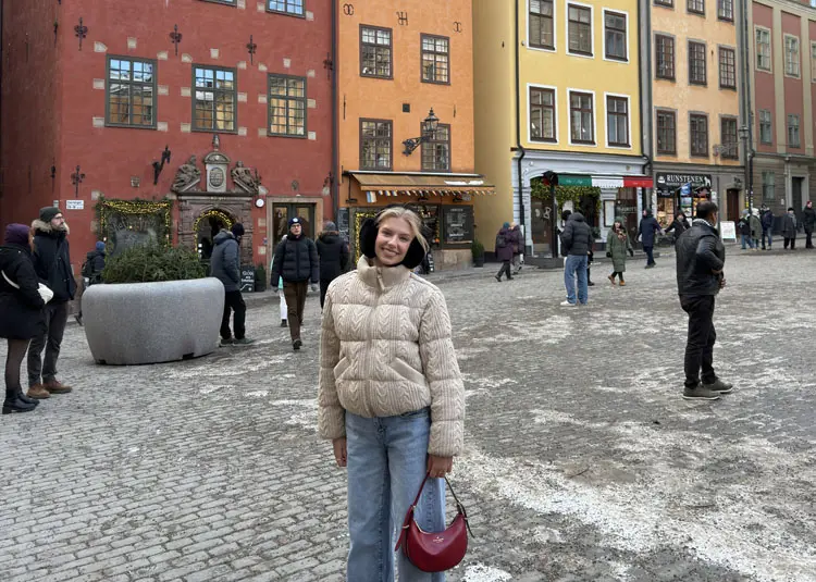 USI graduate Libby Fifer on the streets of Sweden