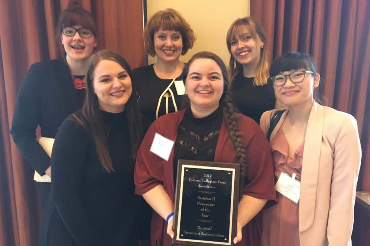 Staff members of The Shield and faculty advisor Erin Gibson at the 2017 ICPA Conference in Indianapolis
