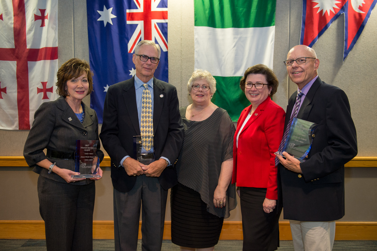 (L to R) Janet Heldt Baas '86, Dan Fuquay, Janet Fuquay, Dr. Linda L. M. Bennett, Dr. Kevin Celuch