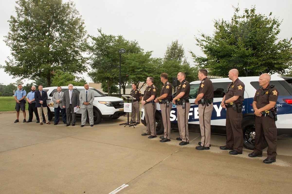 Vanderburgh County Sheriff Dave Wedding speaking as representatives from USI and the VSCO are present