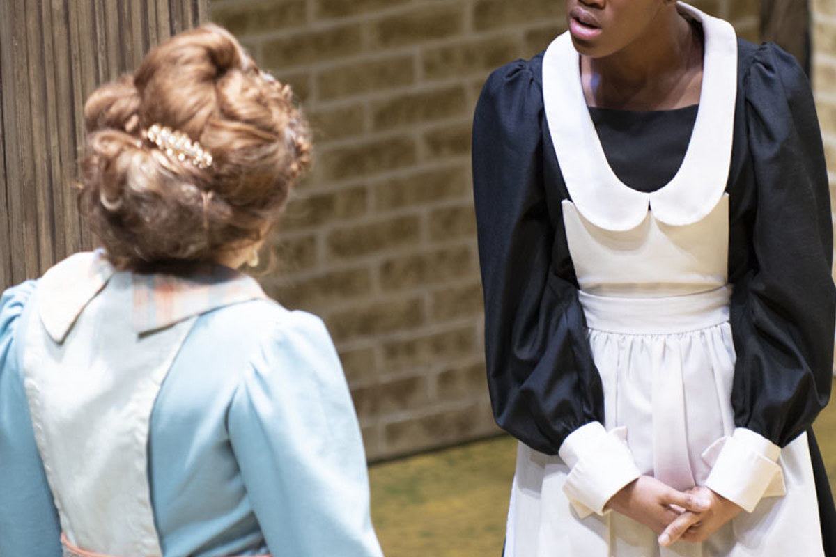 Perci Hale '22 rehearses a scene in Pygmalion, which runs through Sunday, February 17 at USI's Performance Center