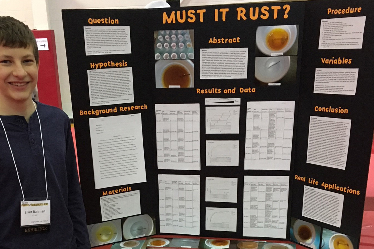 Elliot Rahman, an eighth-grade student at Heritage Hills Middle School, poses with his project at the Tri-State Science and Engineering Fair held at USI March 7-8, 2019.