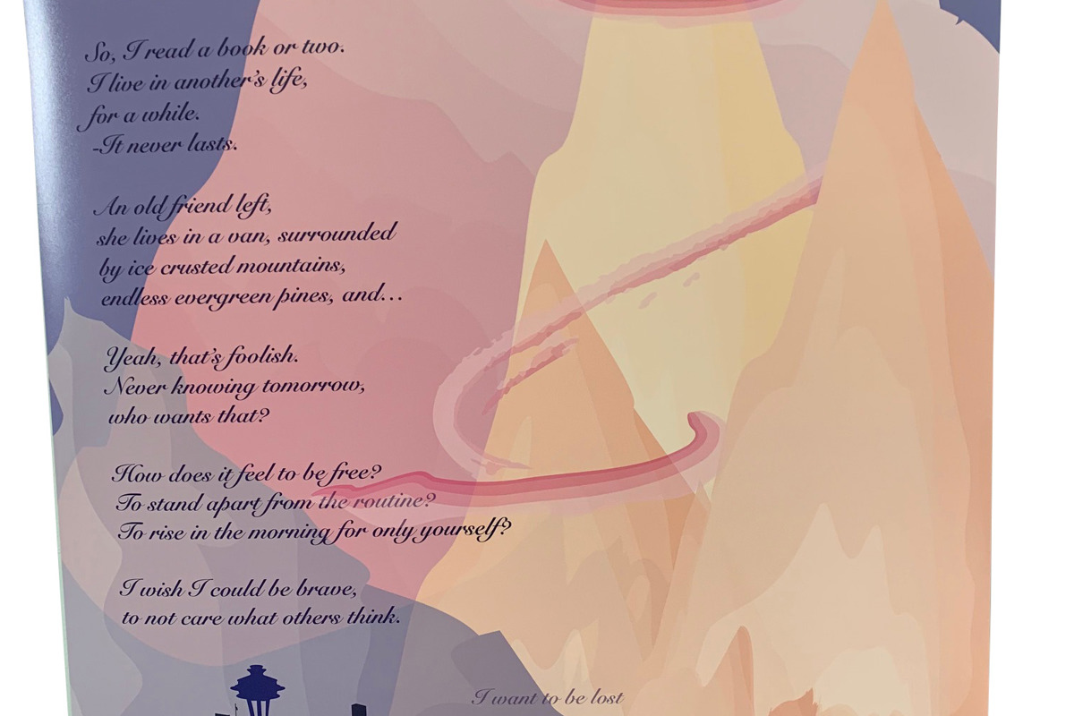A photo of a poetry broadside titled Where to go on display in Rice Library