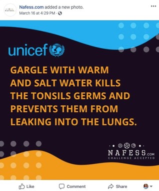 Social media post with text saying gargling with salt water kills the tonsils germs and prevents them from leaking into the lungs