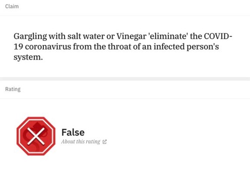 Graphic showing a rating about the sentence "Gargling with salt water or vinegar 'eliminate' the COVID-19 coronavirus from the throat of an infect person's system with a red stop sign and the word false