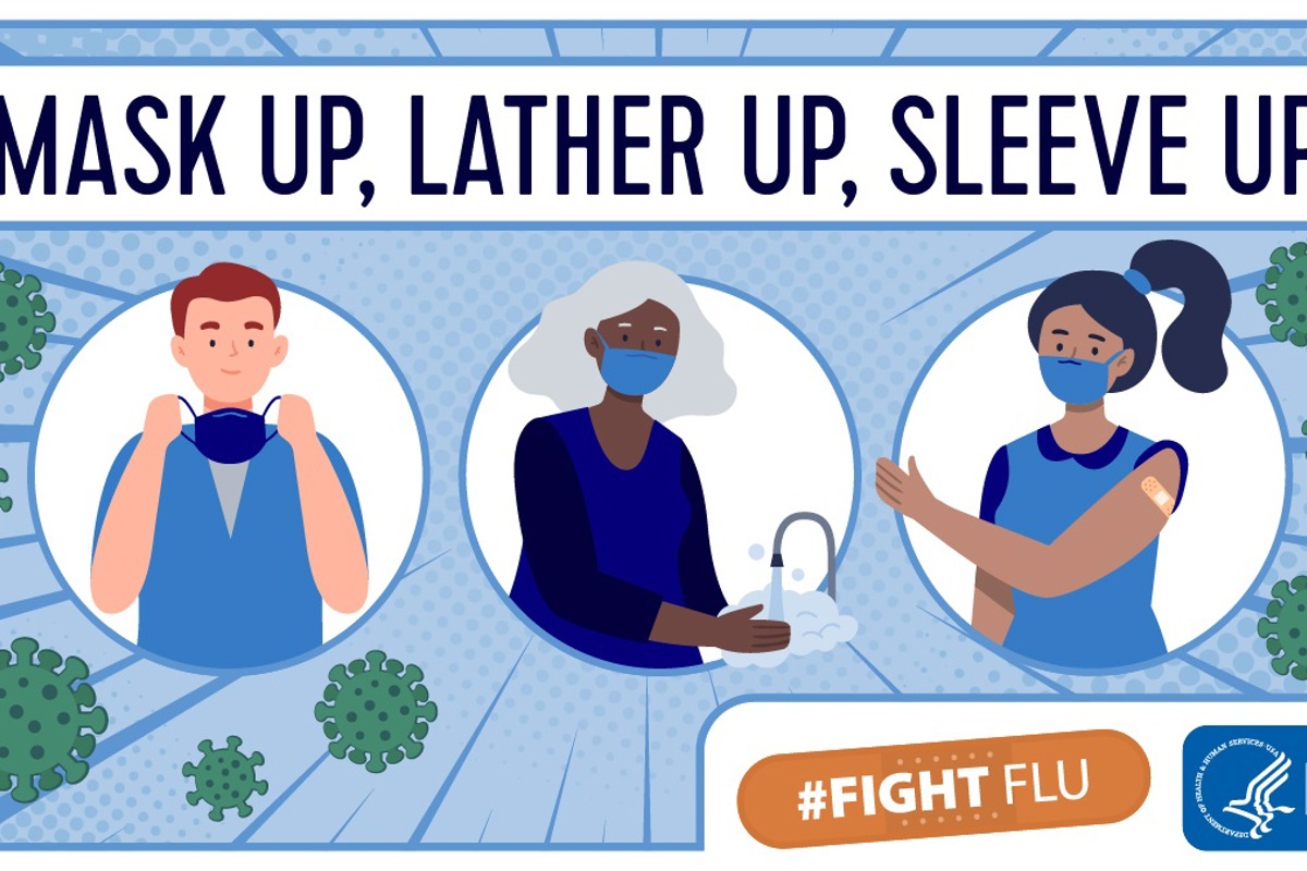 Graphic showing people wearing a mask, washing their hands and receiving a flu shot with text Mask Up, Lather Up, Sleeve Up and #FightFlu with the CDC logo
