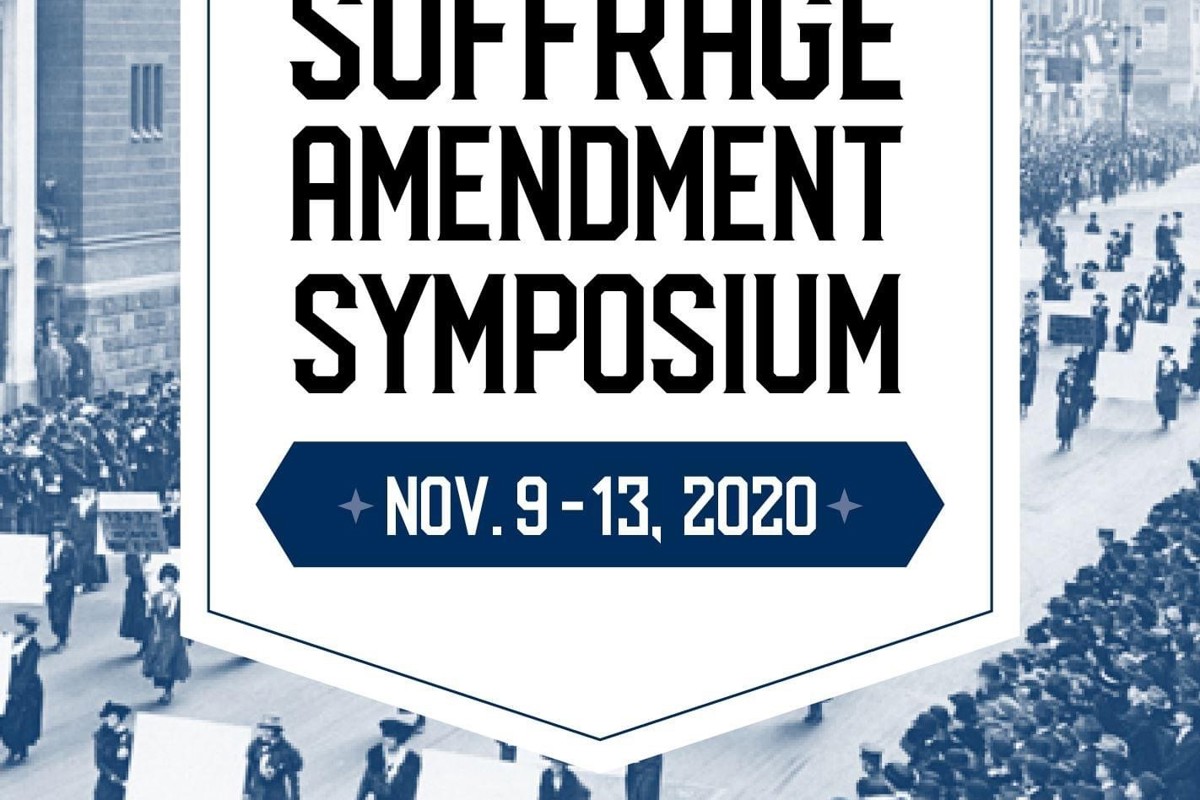 Black and white photo of women marching for women's suffrage with USI Gender Studies Suffrage Amendment Symposium November 9 through 13, 2020 text