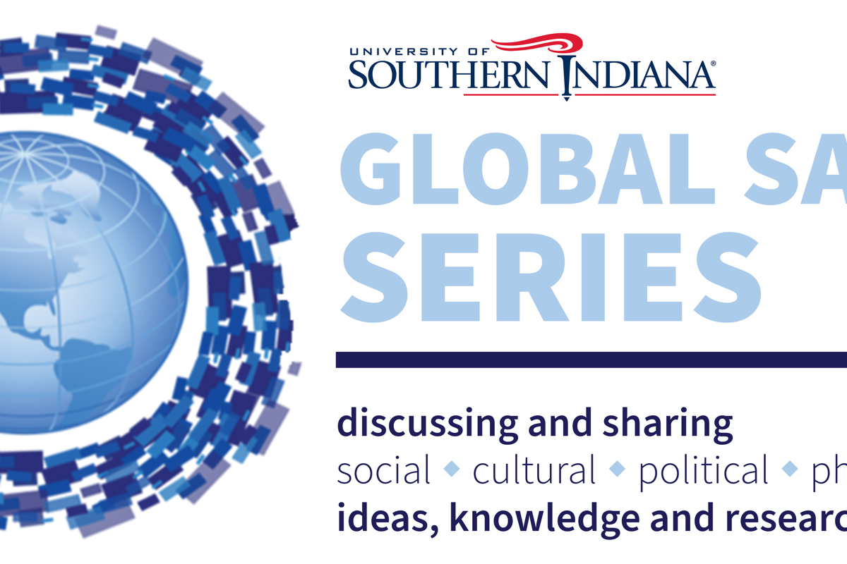 Global Salon Series text and USI logo with image of the globe and the text discussing and sharing social, cultural, political, philosophical ideas, knowledge and research.