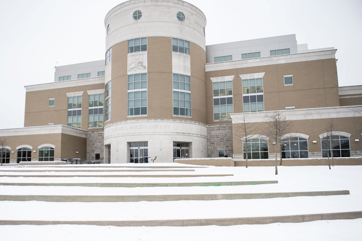 Rice Library with snow covering the area in front of it