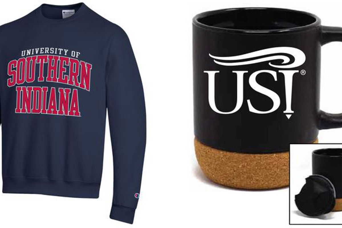 USI crew neck sweatshirt and cork bottom mug available at the Campus Store