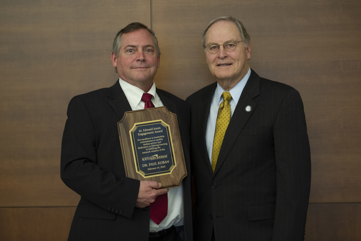 Dr. Paul Kuban, Professor of Engineering, Chair of the Engineering Department and 2020 recipient of the M. Edward Jones Engagement Award and Dr. M. Edward Jones, Vice Provost Emeritus for the University of Southern Indiana's Outreach and Engagement