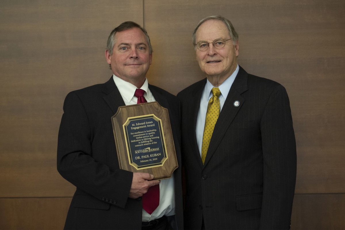 Dr. Paul Kuban, Professor of Engineering, Chair of the Engineering Department and 2020 recipient of the M. Edward Jones Engagement Award and Dr. M. Edward Jones, Vice Provost Emeritus for the University of Southern Indiana's Outreach and Engagement.