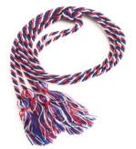 two red, white and blue intertwined cords knotted together with knots and tassels on each end
