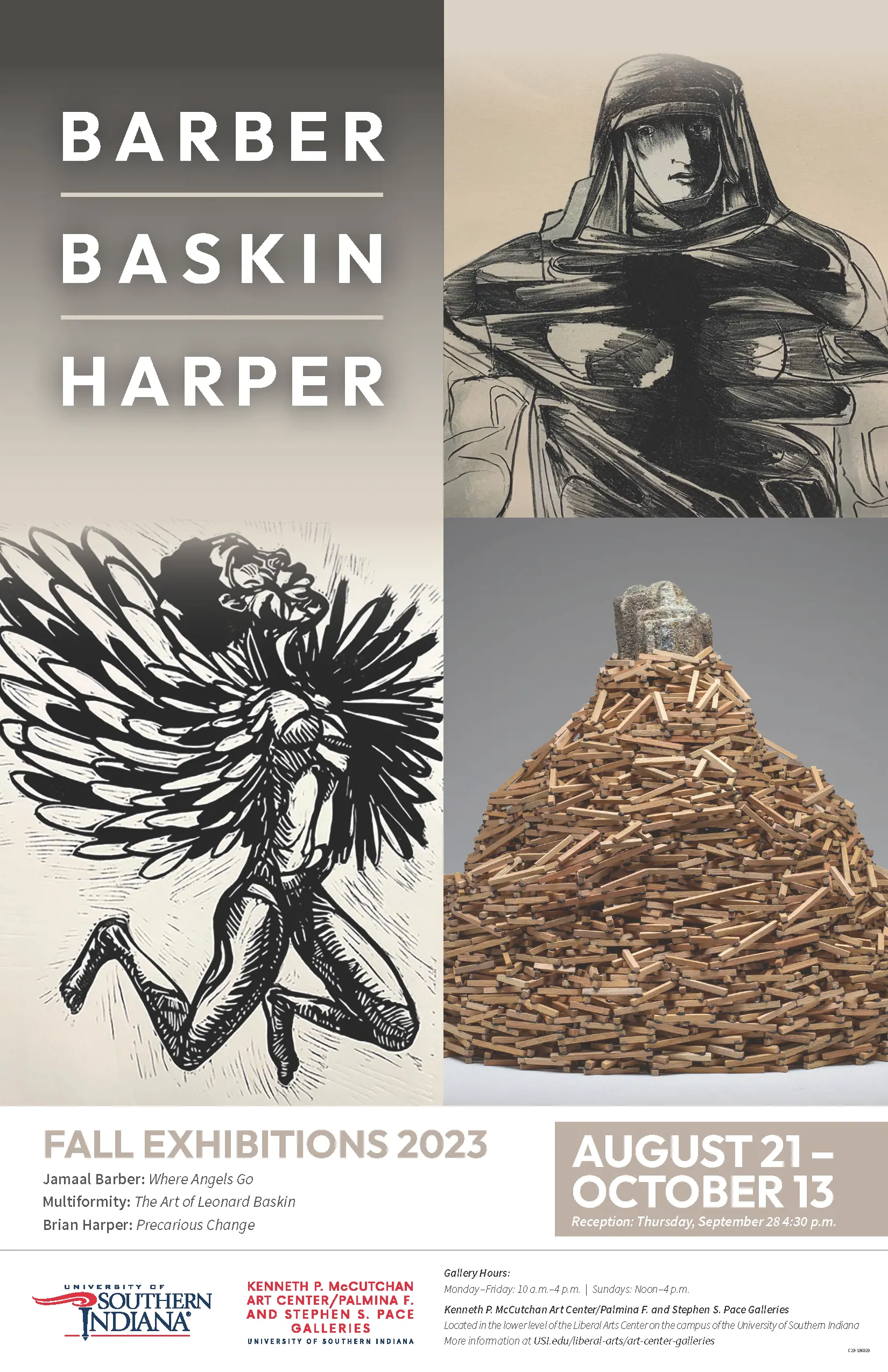 Barber, Baskin, and Harper Fall exhibition poster featuring a person with wings, a person in a cloak, and a sculpture of stacked wood