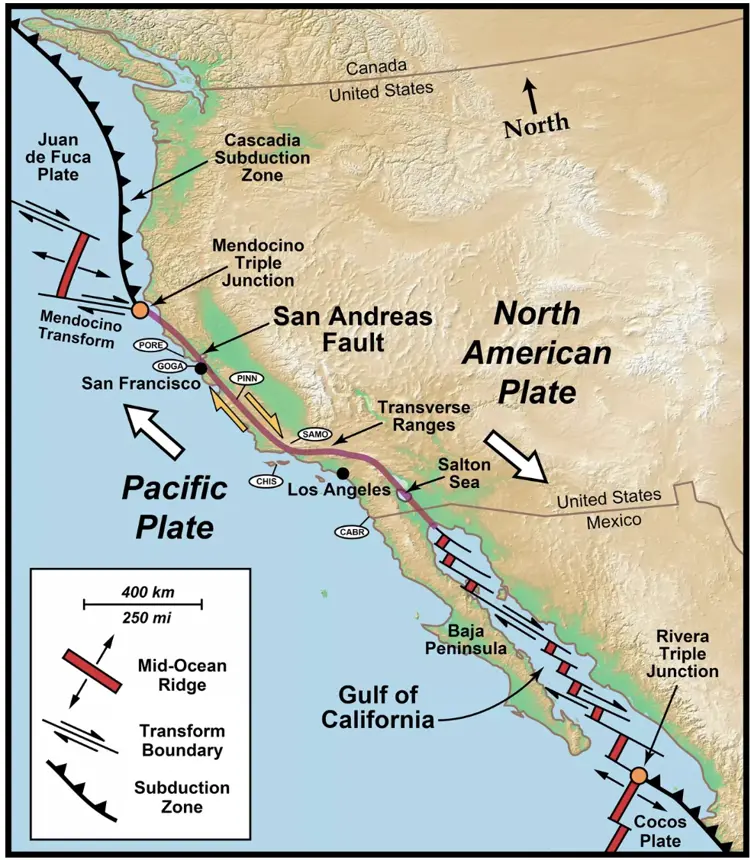Image of the San Andreas Fault and its two plates. National Park Service/Geology/Transform Plate Boundaries.