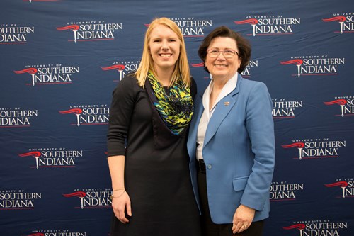 Farrell, with USI president, Dr. Linda Bennett, at the 2018 Honors Day Convocation