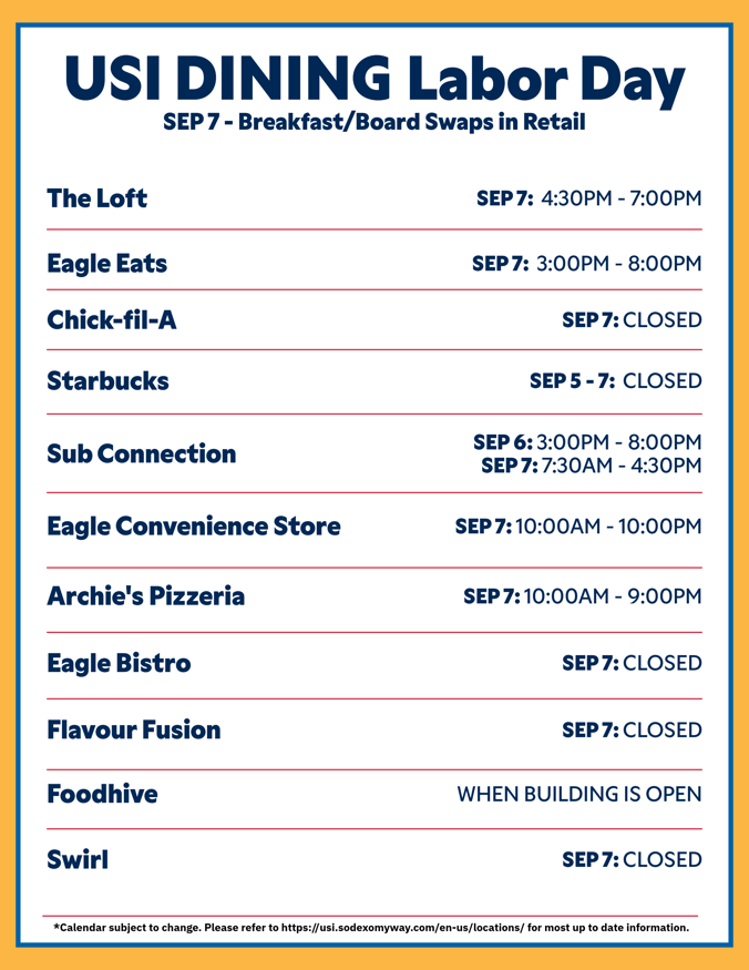 Graphic listing the USI Dining hours for Labor Day holiday.