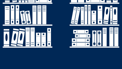 2D graphic image of books on a shelf