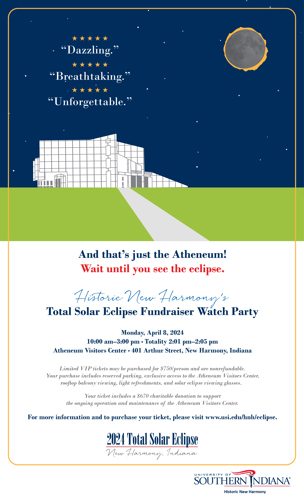 Historic New Harmony Total Solar Eclipse Fundraiser and Watch Party Flyer