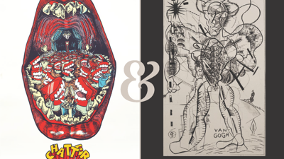 Event poster - Chatter, Stylized print of open mouth filled with chattering teeth. Tangled Threads, stylized line drawing of a man