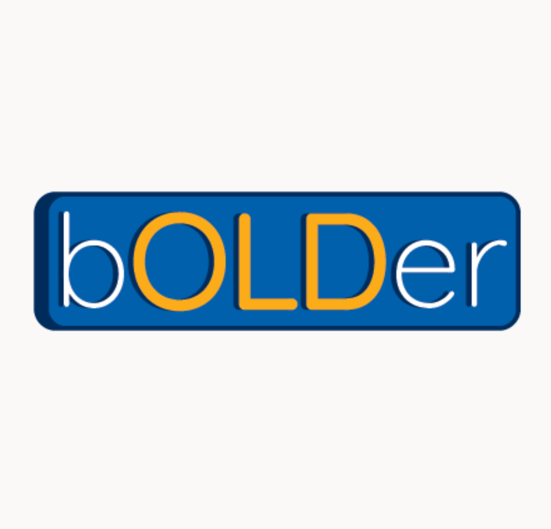 bOLDer logo with blue square background, white lowercase letters for "b" and "er" with yellow capitalized letters in the middle spelling "OLD"