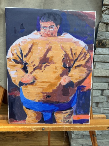 Painting of young President Bridges wearing a sumo wrestler suit