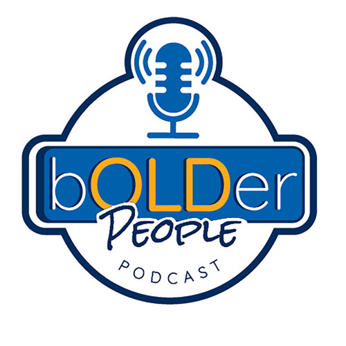 bOLDer people podcast logo: Blue cartoon microphone with sound waves emitting from the top, encapsulated by a black border. The words "bOLDer People podcast" below it.