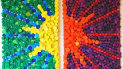 "Sunrise…Sunset", Corry Hodges, 2010, bottle caps on panel
