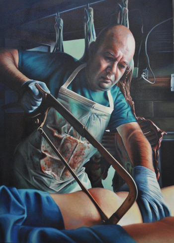 Image of a butcher about to saw off a person's leg