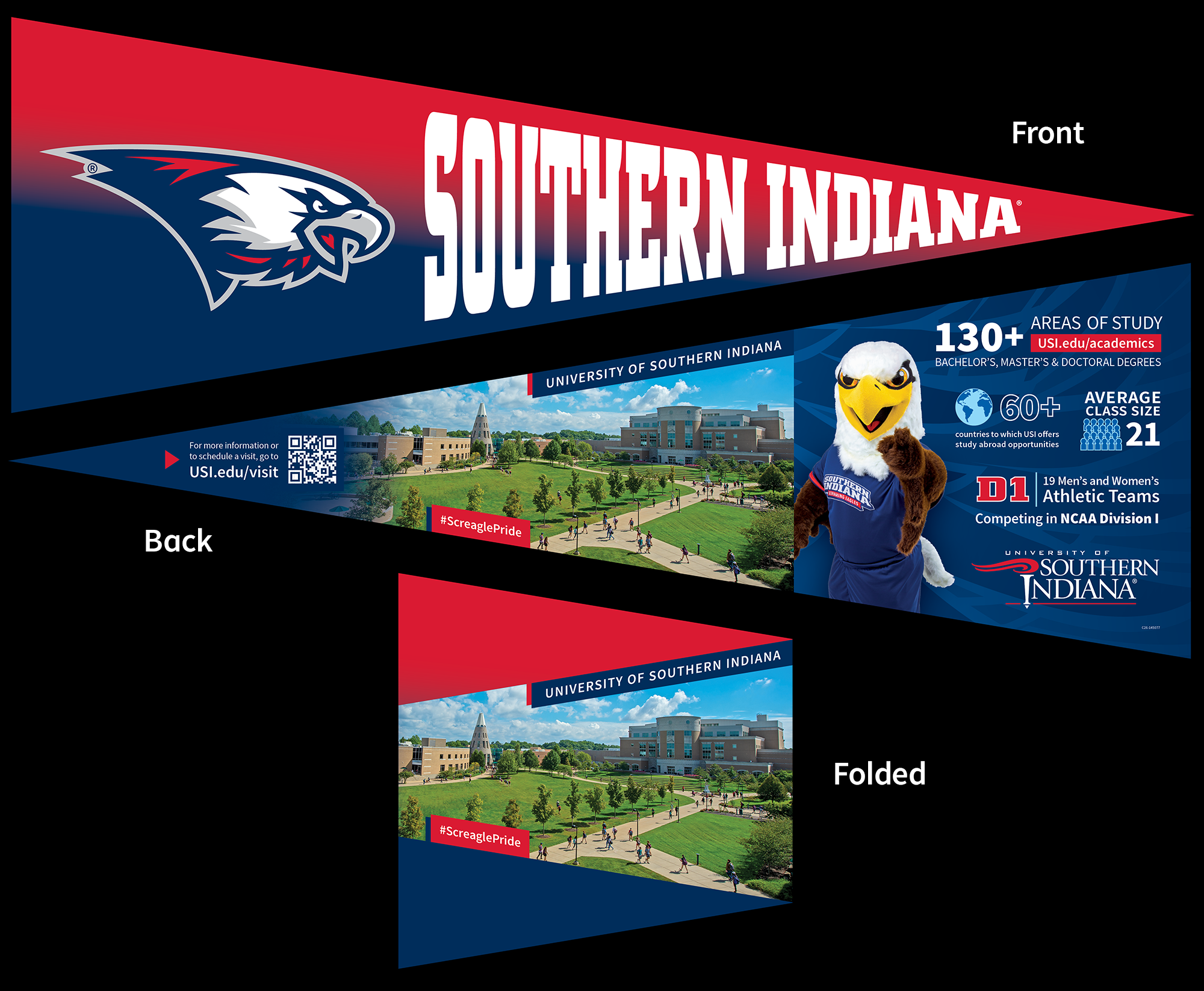 USI Admissions pennant handout showing front, back and folded