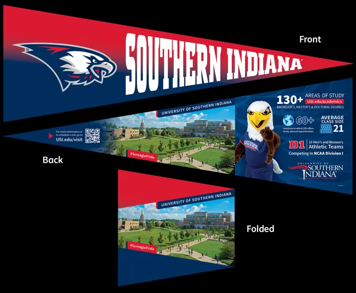 USI Admissions pennant handout showing front, back and folded