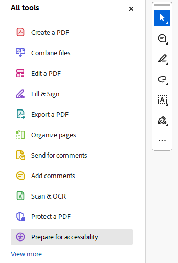 Adobe Acrobat Toolbar with Accessibility Checker selected