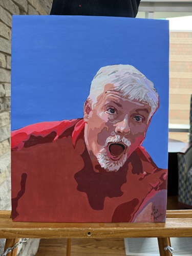 Painting of President Bridges with his mouth open in a funny expression