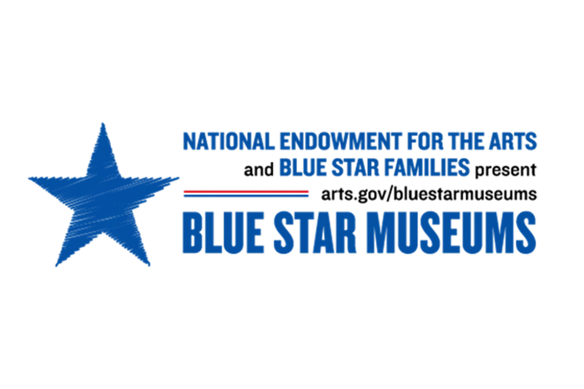 Logo for Blue Star Museums that reads, NATIONAL ENDOWMENT FOR THE ARTS and BLUE STAR FAMILIES present arts.gov/bluestarmuseums BLUE STAR MUSEUMS.